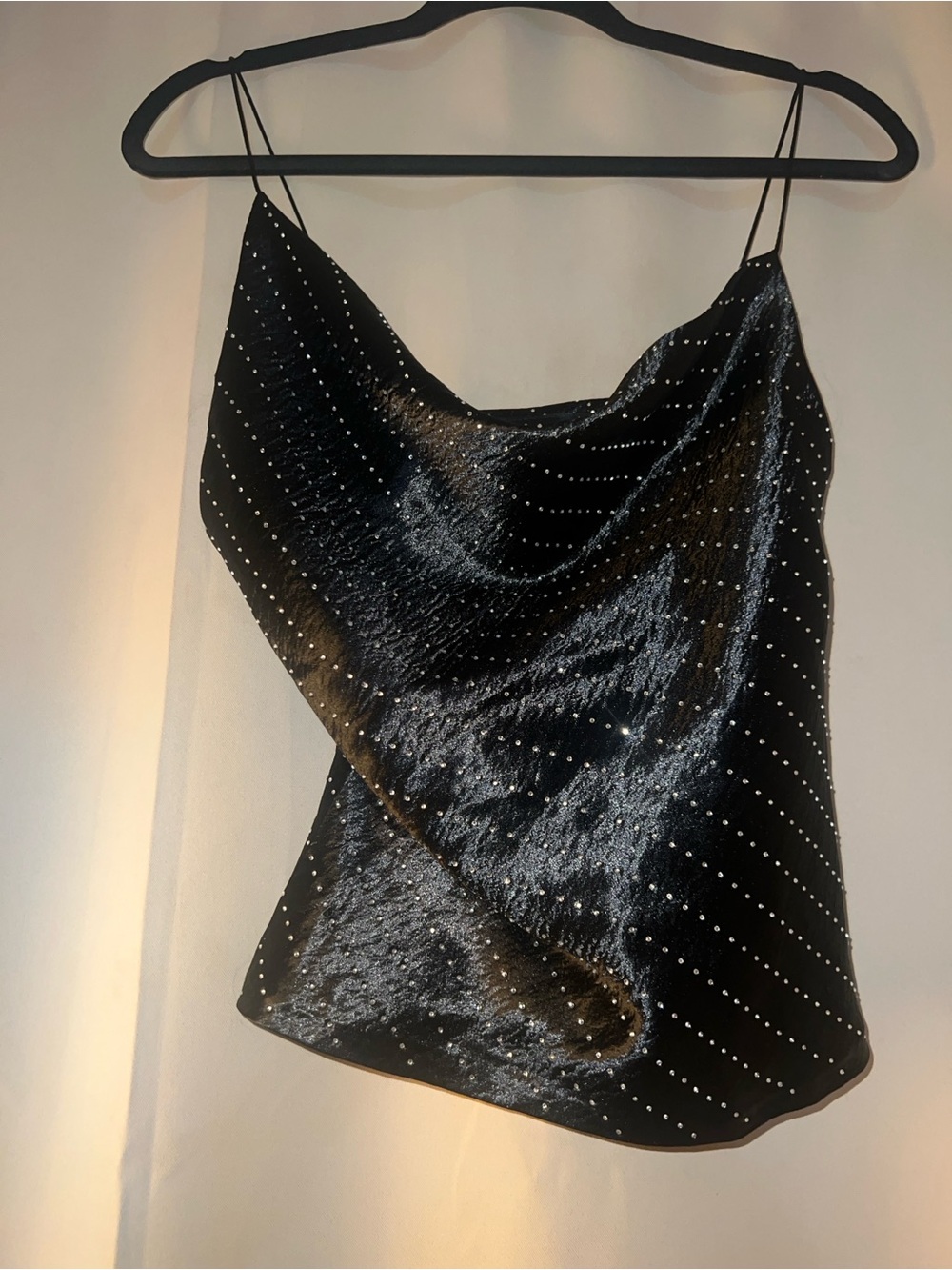 Zara ~ Women’s Satin Rhinestone Black Tank Top